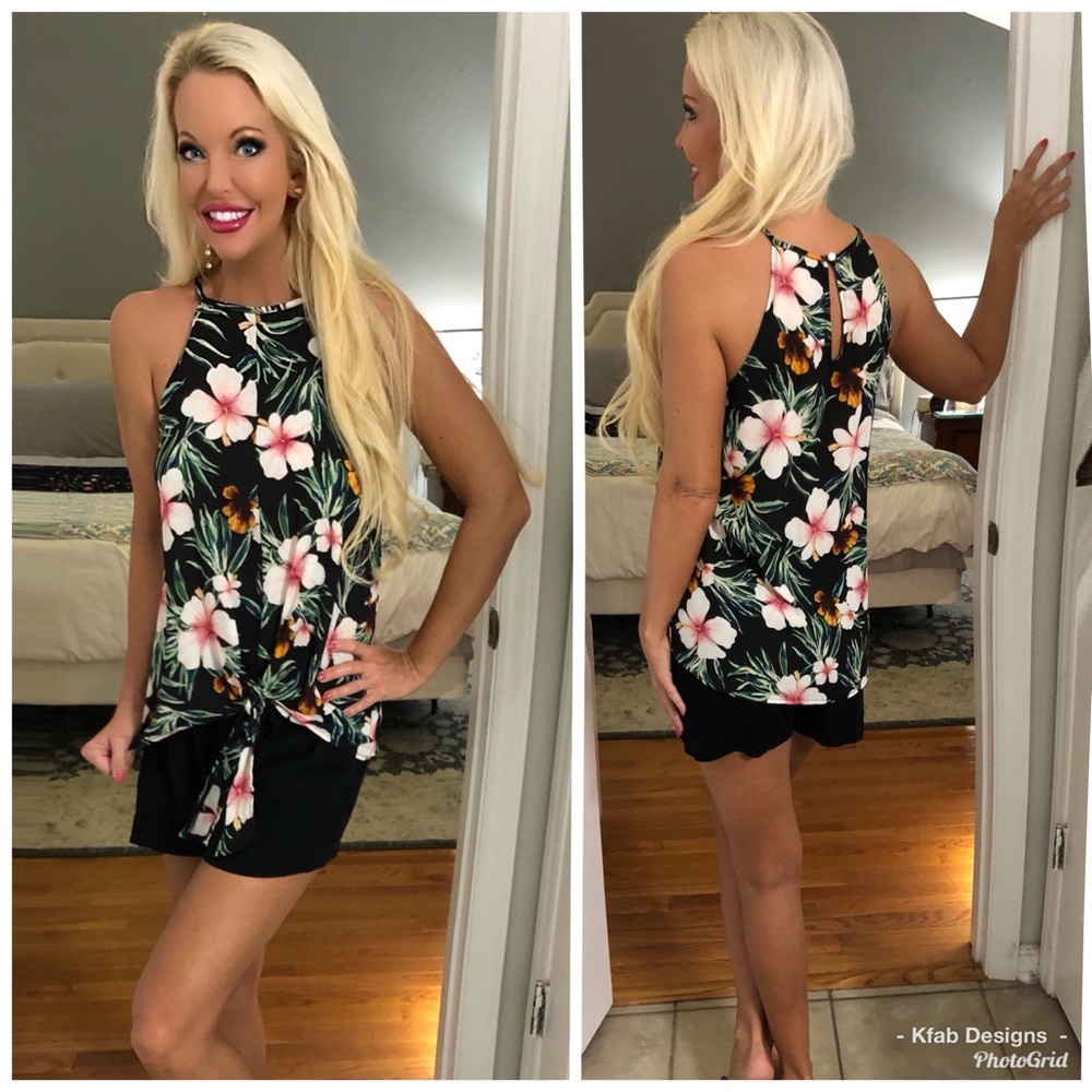 💐LAST 1! Tropical Floral Print Hem Tie Top-3left - Picture 4 of 6